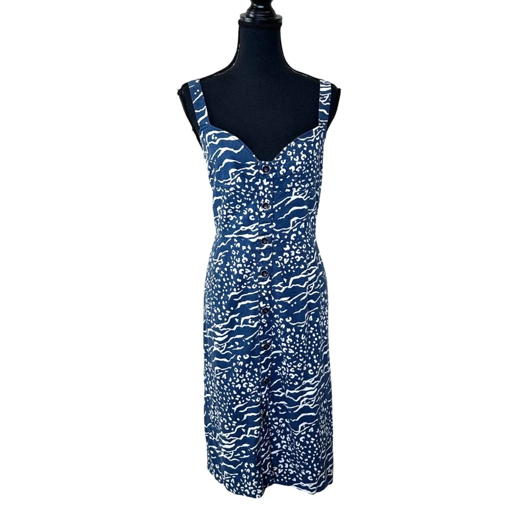 Tanya Taylor Blue Tropical Midi Dress SIZE 22 Linen Sundress Designer $500
